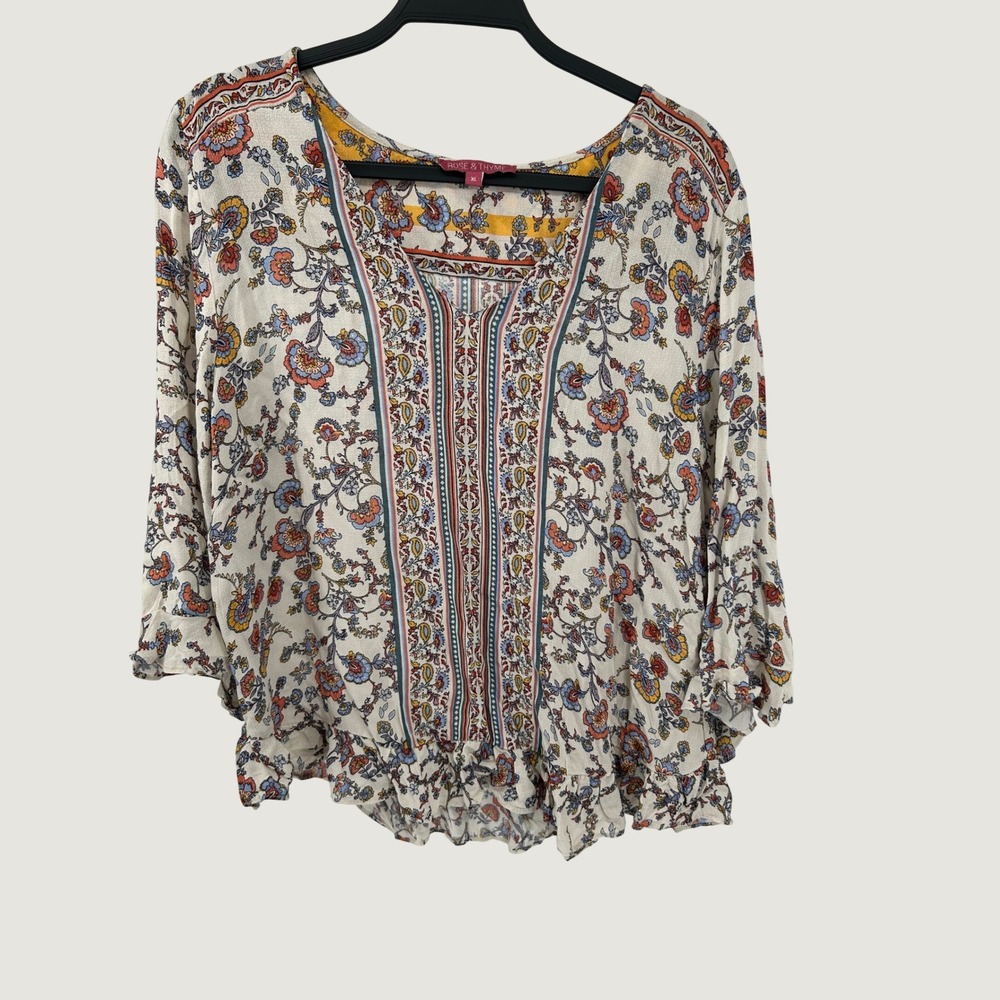Rose & Thyme Floral Peasant Blouse XL Cream Multi V-Neck Ruffle Bell Sleeve Top